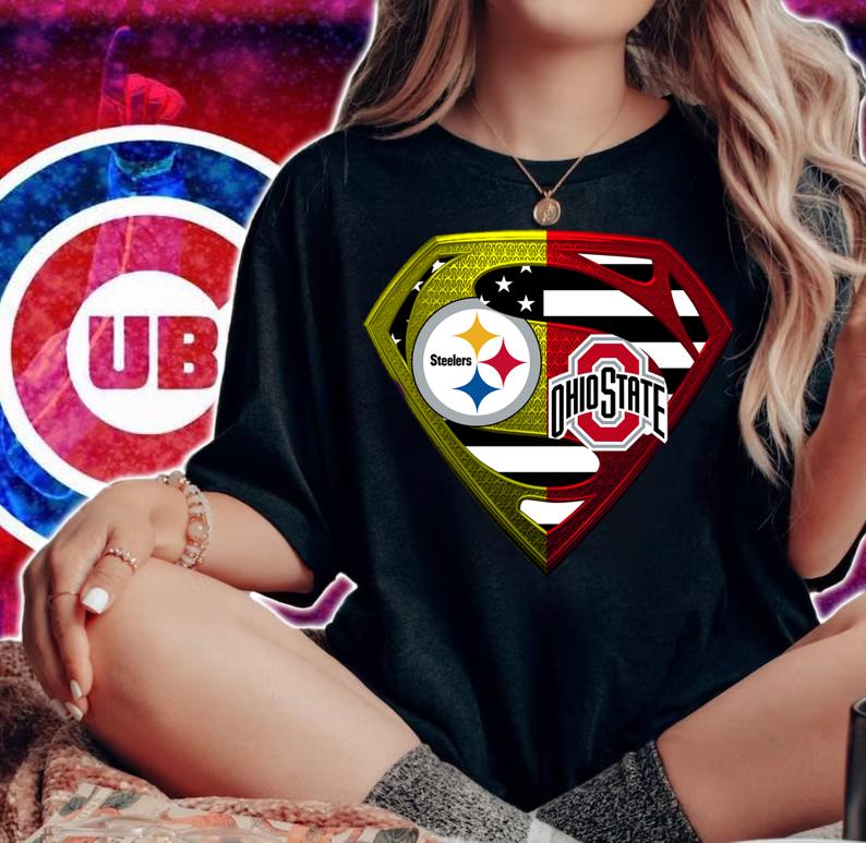 Pittsburgh Steelers and Ohio State Buckeyes Superman American flag t-shirt woman shirt