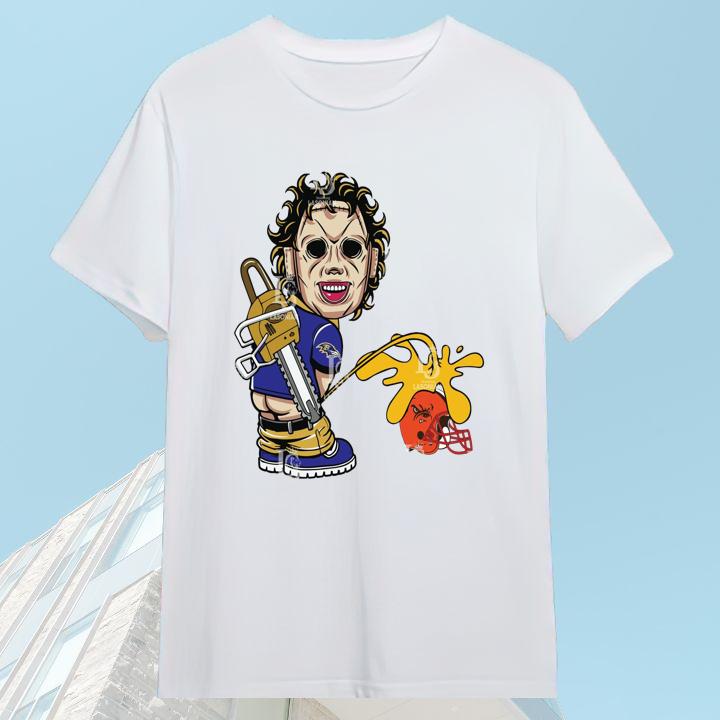 Funny Baltimore Ravens Leatherface Pissing On Cleveland Browns T-Shirt