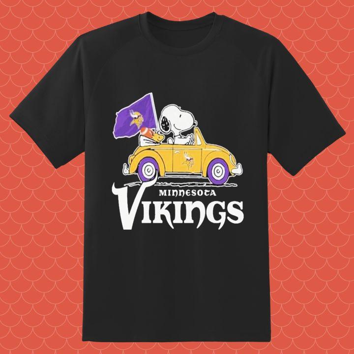 Official Peanuts Snoopy And Woodstock Driving Car Minnesota Vikings Flag Shirt
