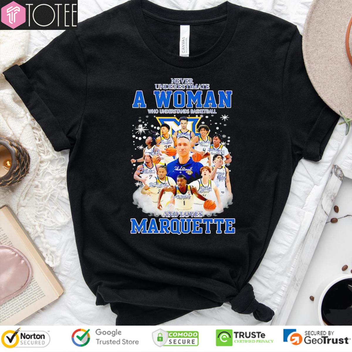 Never Underestimate A Woman Who Loves Marquette Basketball Coach & Players T-Shirt