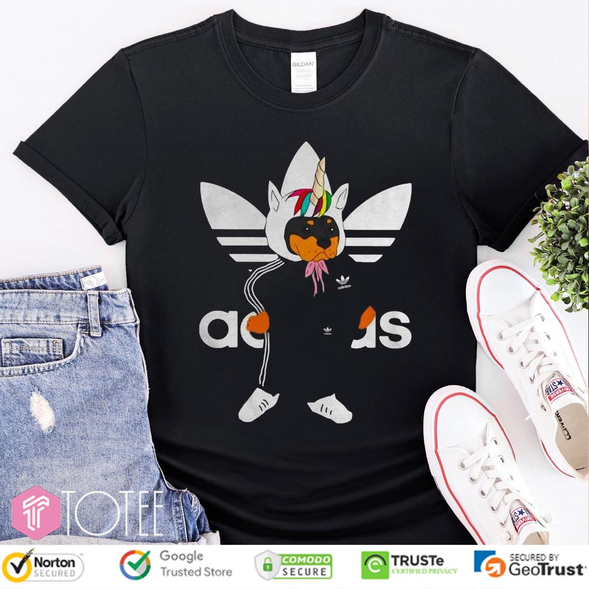 Rottweiler Wearing Unicorn Hat Parody Adidas Logo T-Shirt